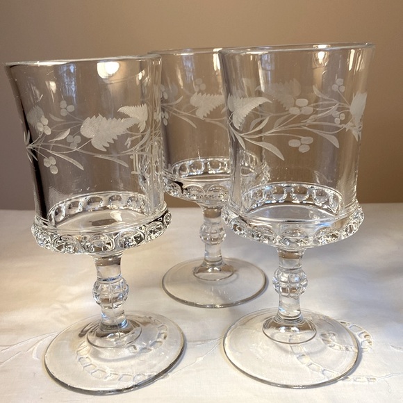 Vintage Water Glasses EAPG Ripley and CO Dakota Etched Ferns Berries Set of 3 - Picture 9 of 9
